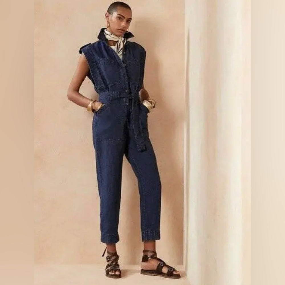 Banana Republic Navy Blue Sleeveless Belted Jumpsuit